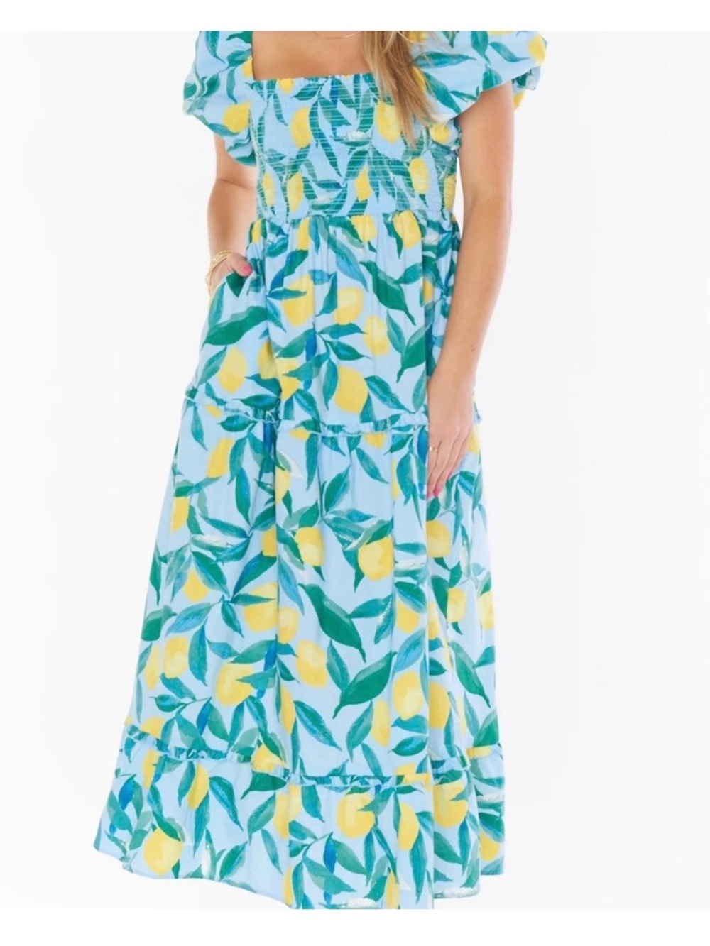 Show Me Your MuMu Afternoon Tea Blue Lemon-Print Maxi Dress